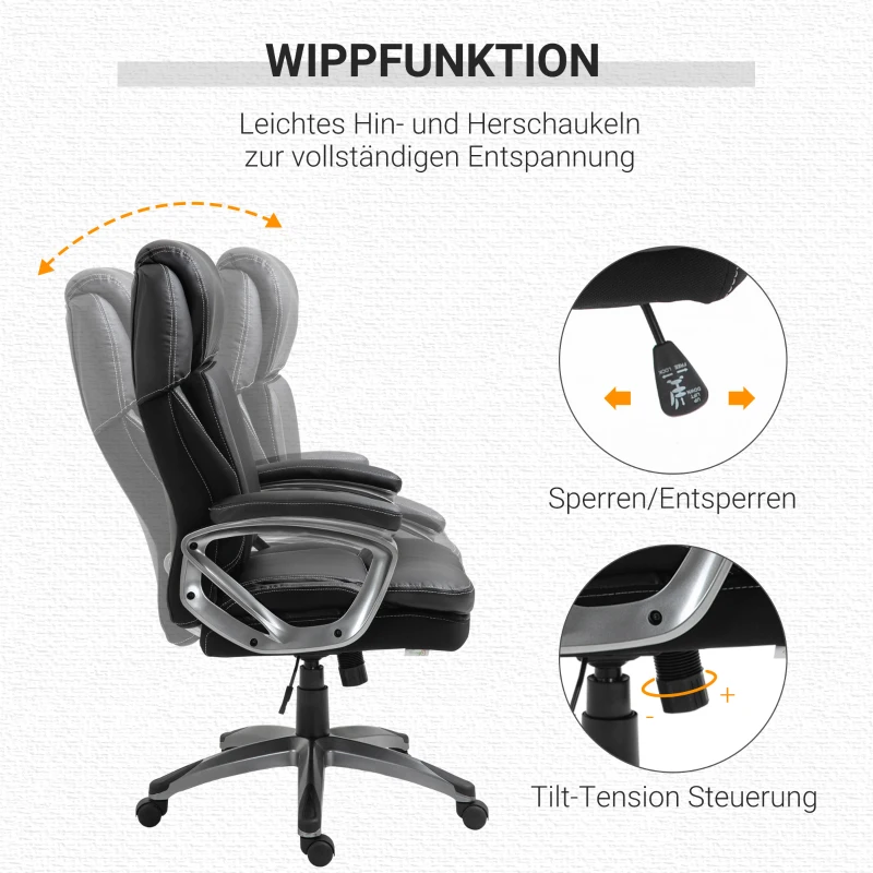 Vinsetto Bürostuhl Computerstuhl mit Wippenfunktion Kopfstütze ergonomischer Schreibtischstuhl drehbar höhenverstellbar Kunstleder Schwarz 68 x 76 x 117-125 cm