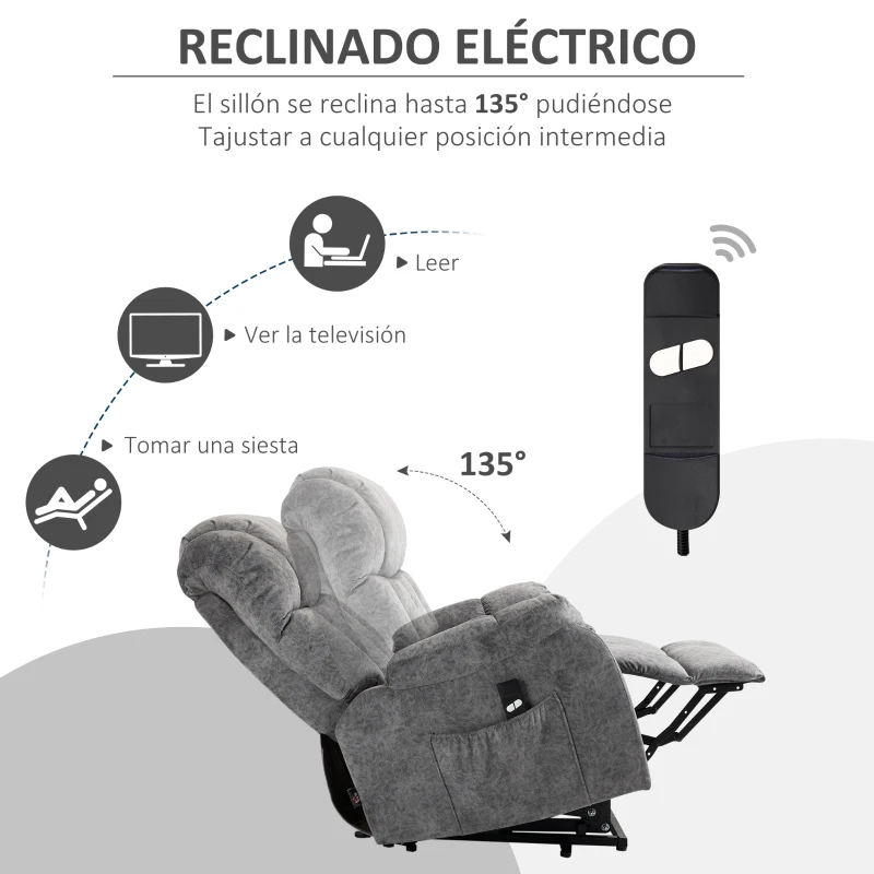 HOMCOM Sillón Levanta Personas Tapizado en Terciopelo con Reclinación 135° Mando a Distancia y 2 Bolsillos 91x83x100 cm Gris