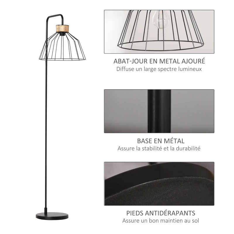 HOMCOM Lampadaire lampe à pied design élégant en métal avec décoration en rotin idéal pour maison bureau restaurant et café 44 x 34 x 154 cm noir