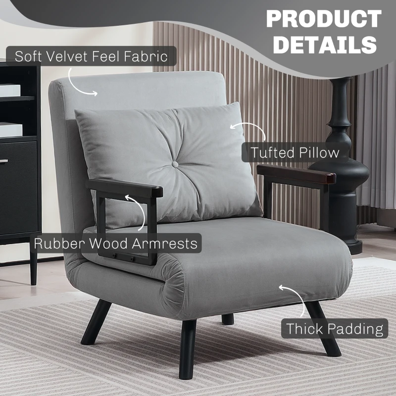 HOMCOM 4-in-1 Velvet-Feel Single Chair Bed, with Pillow - Light Grey