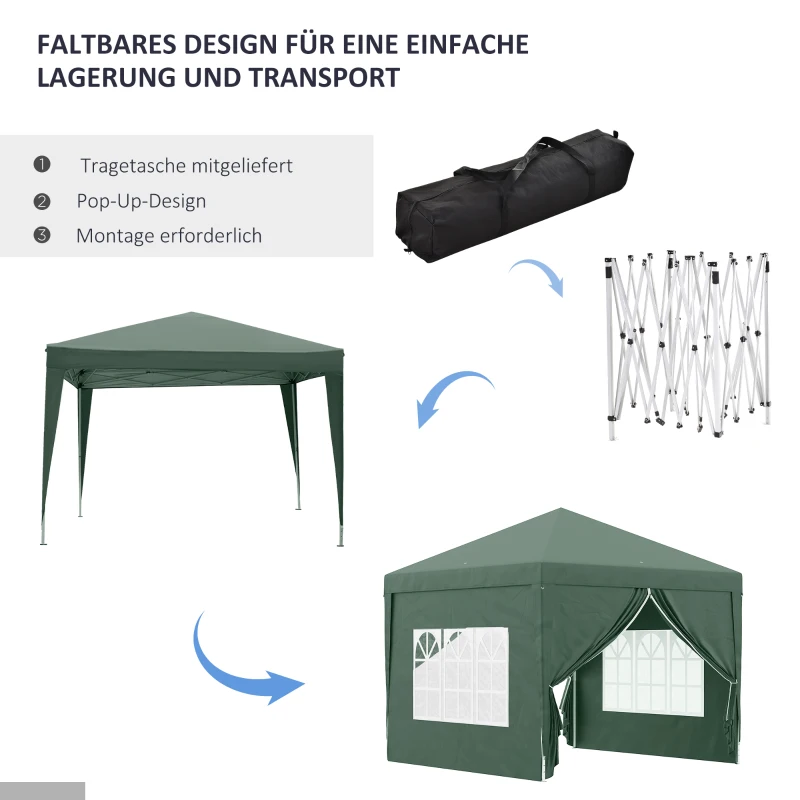 Outsunny 3 x 3 m Pavillon mit 4 Seitenwänden, Fenster, Festzelt mit UV-Schutz, Gartenzelt inkl. Tragetasche, Stahl, Grün