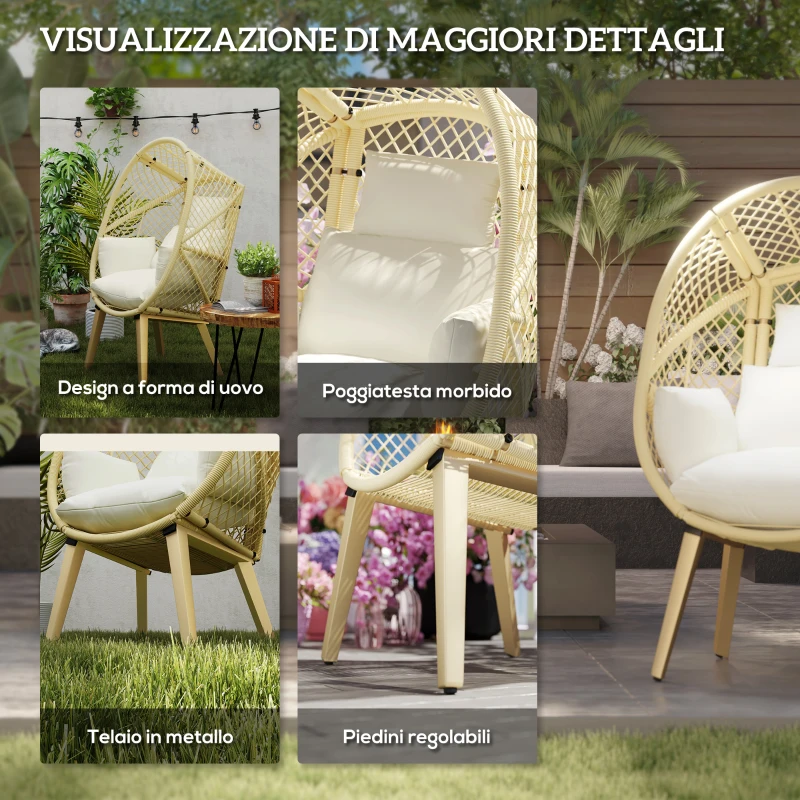 Outsunny Sedia da Giardino a Uovo in Rattan PE e Acciaio con Seduta Imbottita e Poggiatesta, 88x85x143 cm