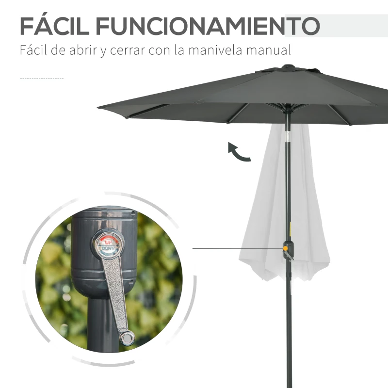 Outsunny Parasol de Jardín de Aluminio  Ø264x253 cm con Ángulo Ajustable Protección UV 50+ Manivela Gris