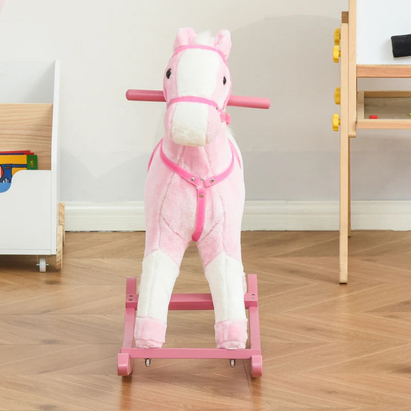 HOMCOM Cheval à Bascule en Bois et Peluche pour Enfant Cheval de Cowboy peluche Pour Enfants de 3-6 Ans Jouet balançoire avec Effet sonore Selle rênes Rose Blanc