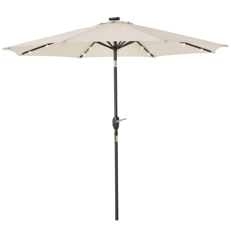Outsunny Φ2.7m Garden 24 LED Light Parasol Solar Outdoor Tilt Sun Umbrella Patio Club Party Event Manual Sun Shade w/ Hand Crank and 8 Ribs, Off-white