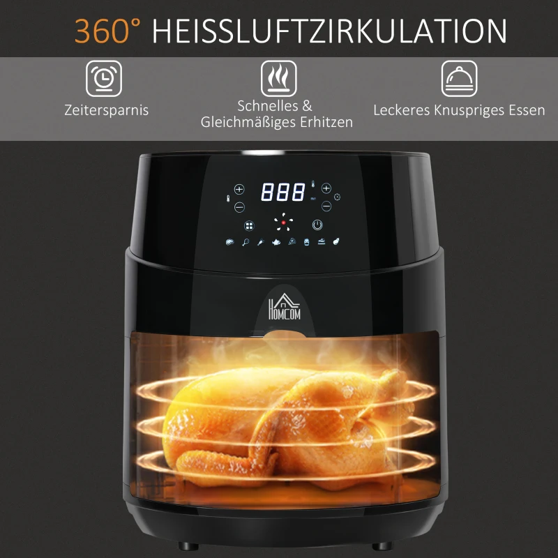 HOMCOM Heißluftfritteuse ohne Öl 4,5 L 1500W Airfryer mit 8 voreingestellte Modi LED-Display Antihaftbeschichteter Fritterkorb für gesundes ölfreies fettarmes Kochen Schwarz 28 x 35,1 x 33 cm