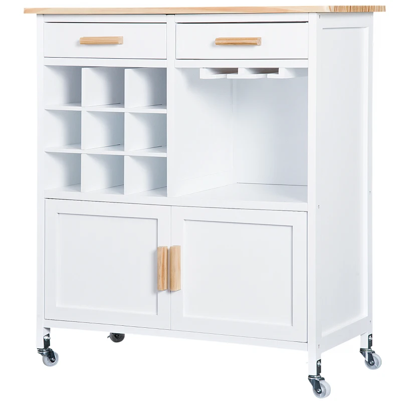 HOMCOM Carro de Cocina Auxiliar con Ruedas Carrito de Servicio con 2 Cajones Botellero para 9 Botellas Soporte para Vasos Estante Abierto y Armario 76x40x88 cm Blanco