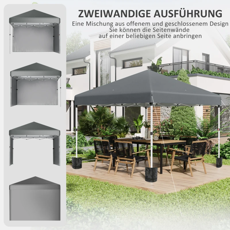 Outsunny Faltpavillon, 2 Seitenwände, höhenverstellbar, mit Transporttasche, rostfreies Stahlgestell, 3x3 m, Dunkelgrau
