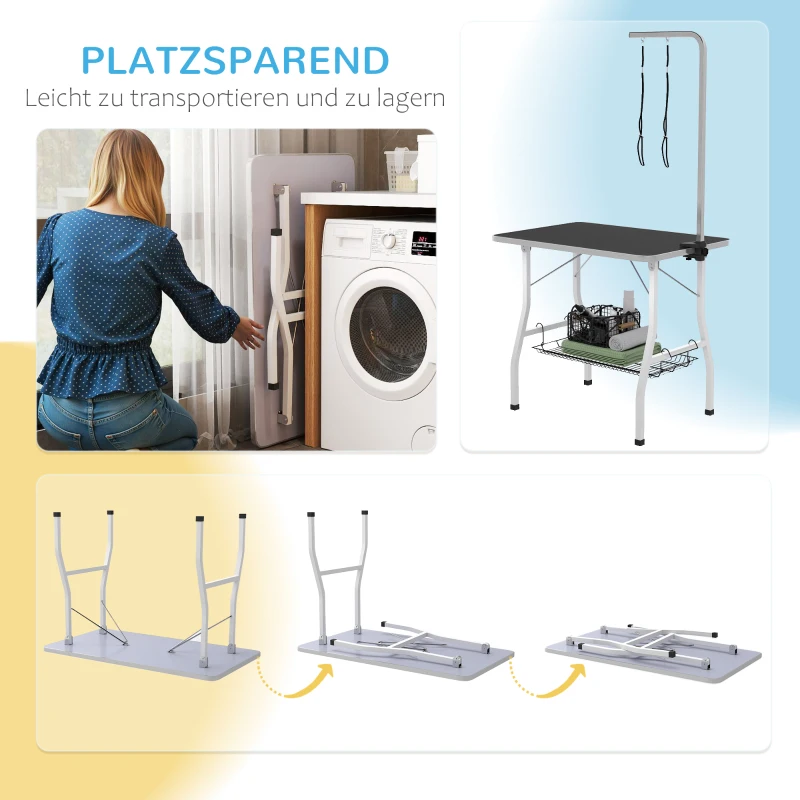 PawHut Hundepflegetisch, Frisiertisch mit einstellbarem Arm, Aufbewahrungsfach, Gummioberfläche, 90 x 60 x 76 cm, Schwarz