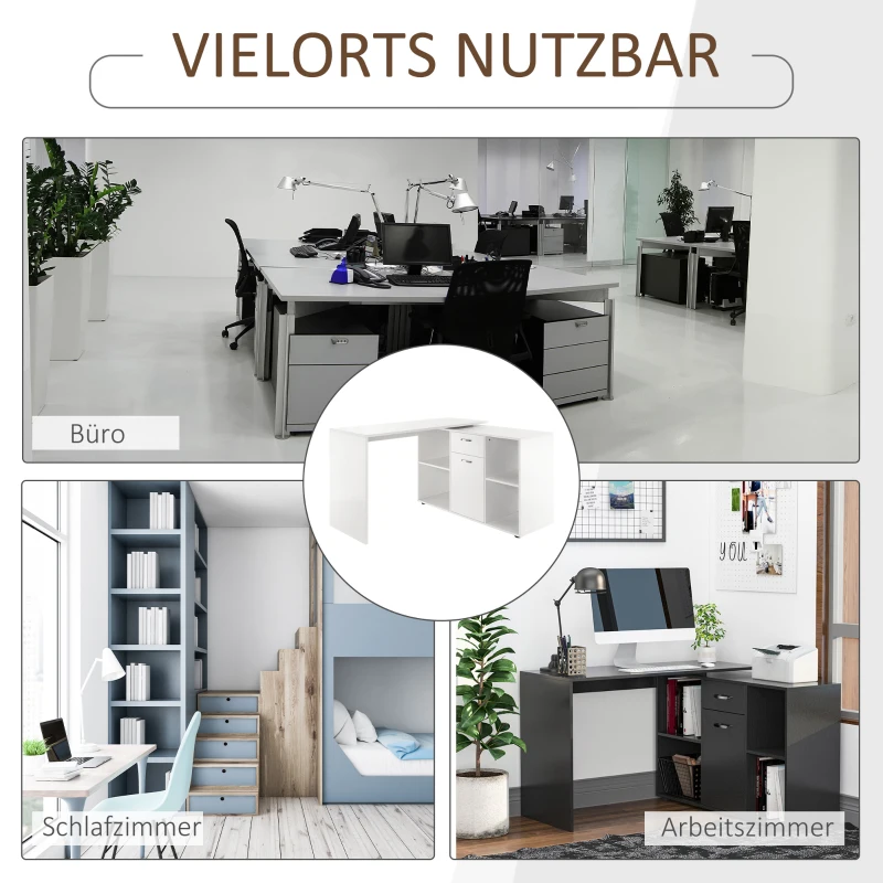 HOMCOM Eckschreibtisch Esstisch Computertisch Bürotisch Winkelschreibtisch Regal L-Form 120 x 115 x 76 cm, I-Form 191 x 50 x 76 cm, Weiß, MDF+Metall