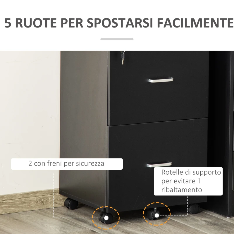 Vinsetto Armadietto da Ufficio con 2 Cassetti e 5 Ruote, Schedario in MDF e Truciolato, 43x45x72 cm, Nero