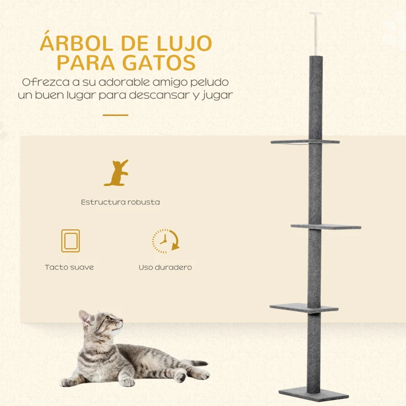 PawHut Árbol Rascador para Gatos de Suelo a Techo Torre para Gatos con Altura Ajustable 43x27x228-260 cm Gris