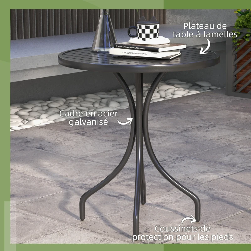 Outsunny Table de jardin ronde Ø66cm, table d'exterieur en acier galvanisé avec plateau à lattes pour terrasse, balcon, noir
