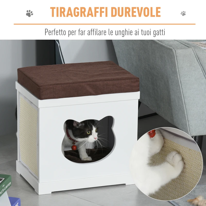 PawHut Cuccia Casetta per Gatti in Legno con 2 Cuscini e Tiragraffi Rimovibili, Bianco e Marrone, 41x30x36cm