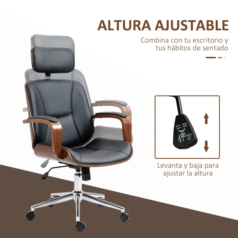 Vinsetto Silla de Oficina de Cuero PU Basculante con Reposacabezas Extraíble Altura Ajustable 63x62x110-120 cm Negro