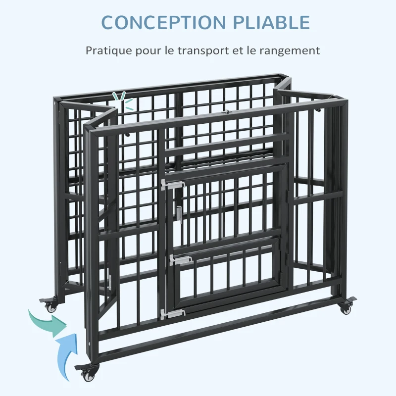 PawHut Cage pour chien pliable transport sur roulettes 2 portes verrouillables plateau amovible interieur exterieur acier noir