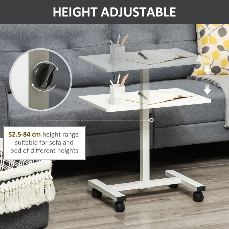 HOMCOM Laptop Table Height Adjustable, Mobile Laptop Stand with Wheels, Sofa Side Table for Home Office, White