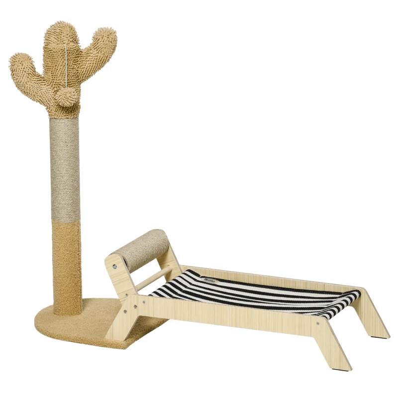 PawHut 2 in 1 Cat Scratching Post with Bed, Cat Condo Tree Tower with Cactus Post, Hammock Bed for Indoor Cats and Kittens - Brown