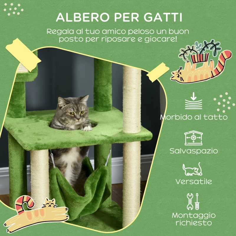PawHut Albero Tiragraffi per Gatti con Amaca, Pallina e Tiragraffi in Sisal, 49x49x142cm, Verde
