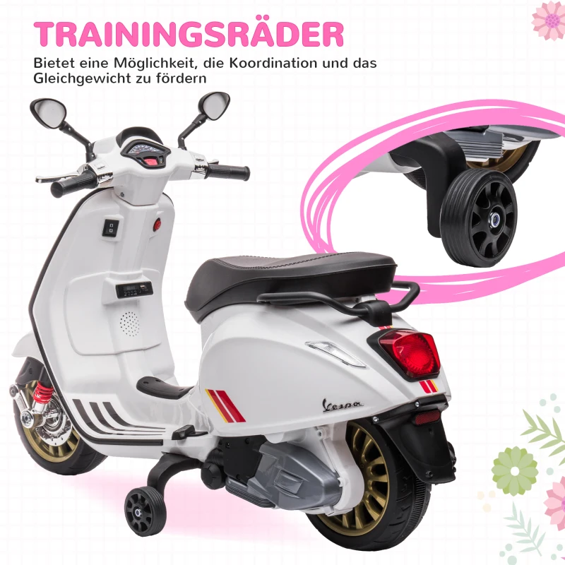 AIYAPLAY Elektro-Kindermotorrad, Vespa, 3 km/h, 3-6 Jahre, Musik, Licht & Radio, Weiß(m-6)