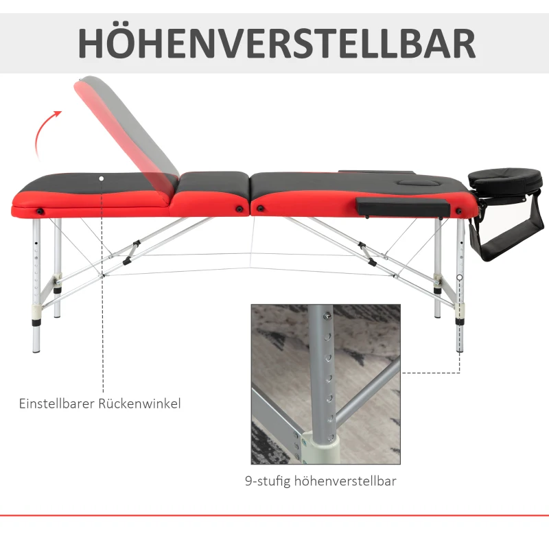 HOMCOM Mobile Massageliege 3 Zonen Klappbar Massagetisch mit Kopfstütze Armlehne Tragetasche höhenverstellbare Aluminium Massagebett tragbar inkl. Zubehör Massagebank bis 225 kg Belast Rot