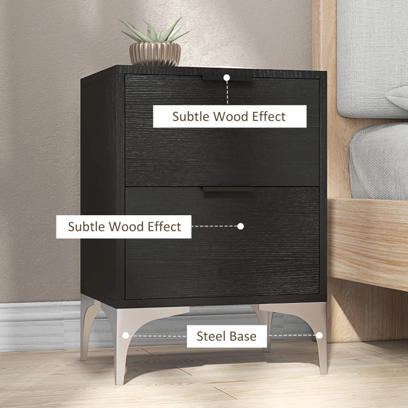 HOMCOM Set of Two Wood Effect Bedside Tables with Silver Tone Steel Base, Black