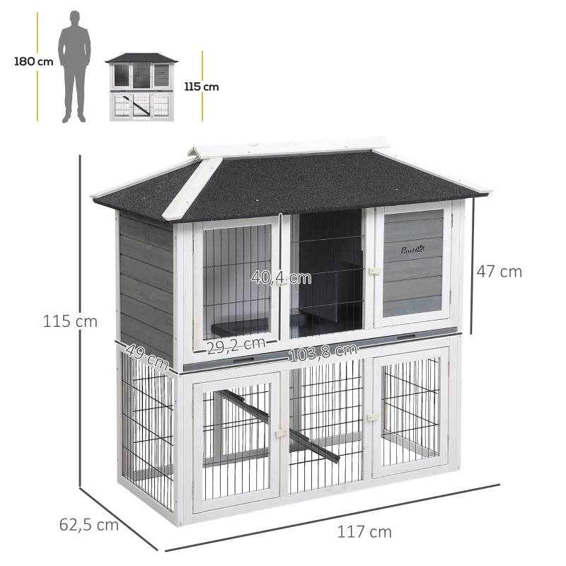 PawHut Conejera de Madera Exterior Jaula Elevada para 2 Conejos con Techo Asfáltico Corral de Metal Bandeja Extraíble Múltiples Puertas y Rampa 117x62,5x115 cm Gris