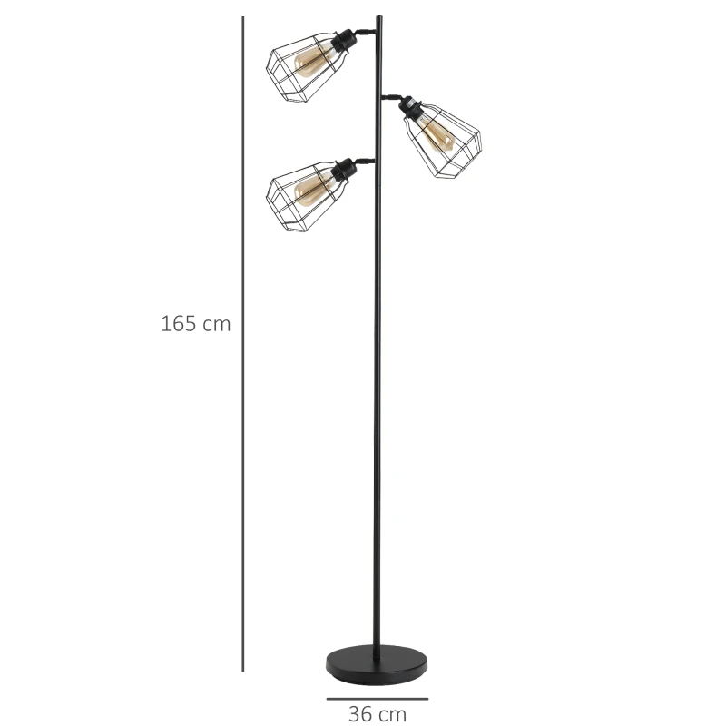 HOMCOM Retro Practical Tree Floor Lamp 3 Angle Adjustable Lampshade Steel Base for Living Room Bedroom Office Black 165cm