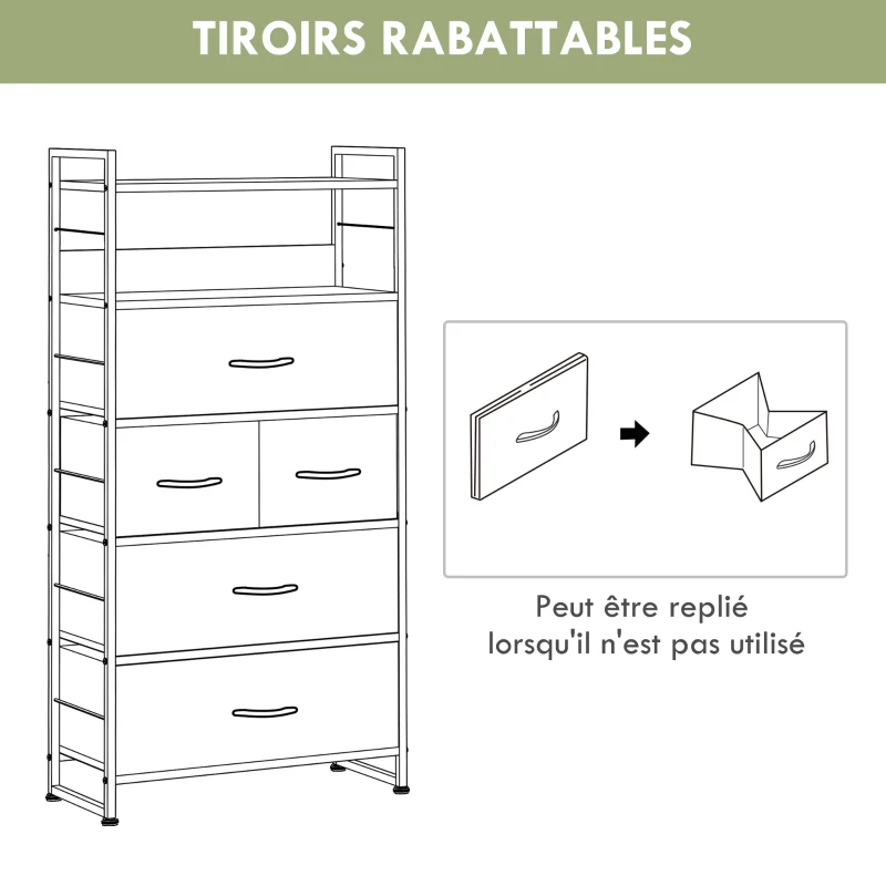 HOMCOM Commode meuble de rangement 5 tiroirs en tissu amovibles et 2 étagères structure acier dim. 58L x 30l x 120H cm noir