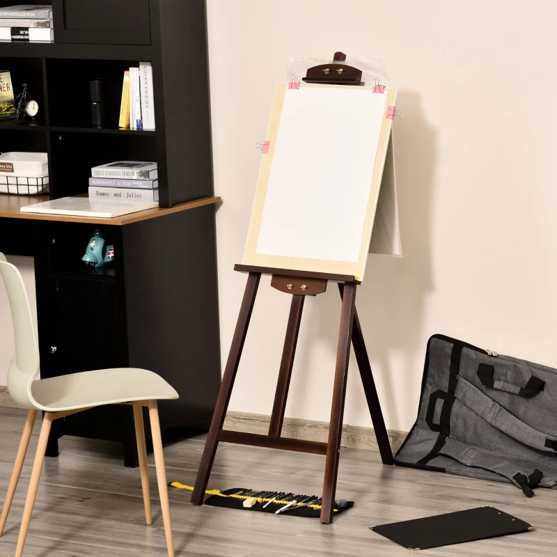HOMCOM Cavalletto Pittura, 135 cm Cavalletto Treppiede per Dipingere su Tela, Cavalletto in Legno di Pino Regolabile, Portatile e Pieghevole con Pennello per Studio, Artisti e Pittori, Caffè