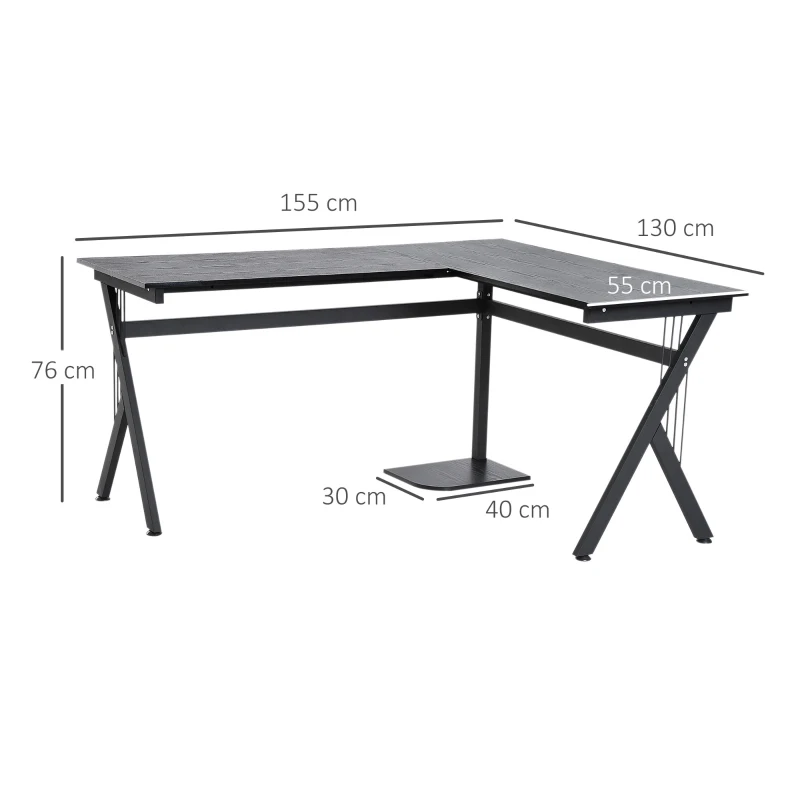 HOMCOM Bureau Informatique d'angle 155L x 130l x 76H cm Plateau en Bois Cadre en Acier Noir