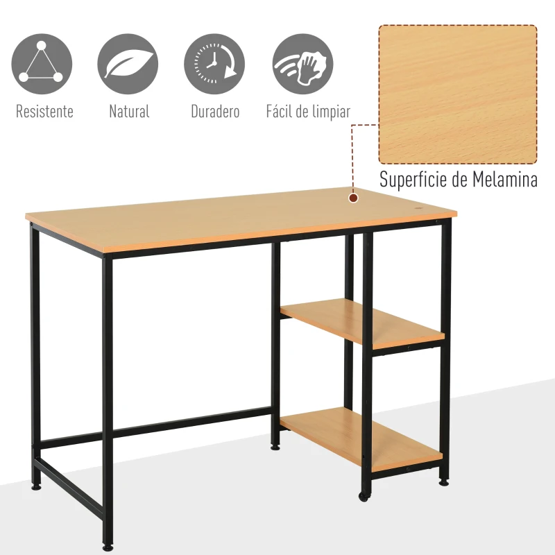 HOMCOM Mesa de Ordenador Escritorio para Oficina Estudio con Estantes de 2 Niveles Gran Superficie Patas con Protectores Regulables Antideslizantes 106x50x76 cm Color de Madera