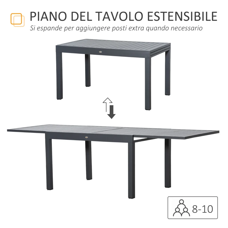 Outsunny Tavolo da Giardino Allungabile per 8-10 Persone, in Alluminio, 135-270x90x75cm, Grigio