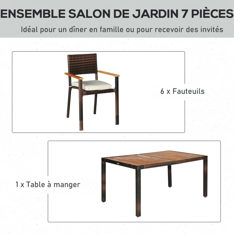 Outsunny Ensemble de table et 6 chaises de jardin en résine tressée avec coussins d'assise et plateau table en bois d'acacia - marron