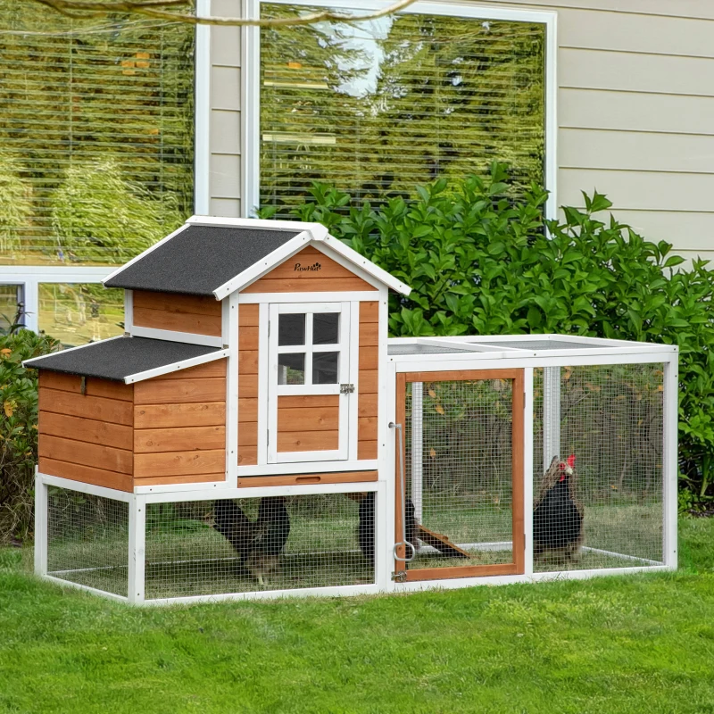 PawHut Gallinero de Madera Exterior Jaula para 2-4 Gallinas de 2 Niveles con Nido Techo Asfáltico Abatible Corral de Alambre Bandeja Extraíble y Rampa 192,7x78,9x111 cm Naranja