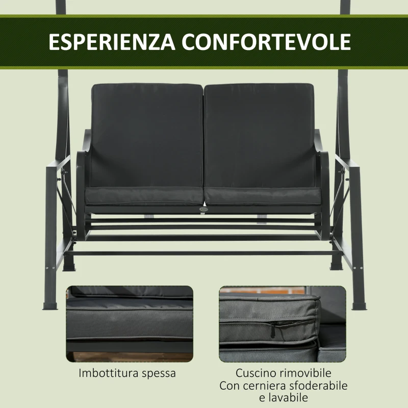 Outsunny Dondolo da Giardino 2 Posti in Acciaio con Tettuccio Inclinabile e Cuscini, 148x129x172 cm