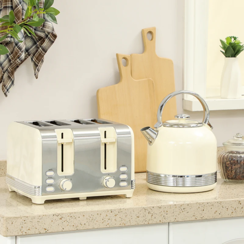 HOMCOM Polished Stainless Steel Kettle and Toaster Set - Cream