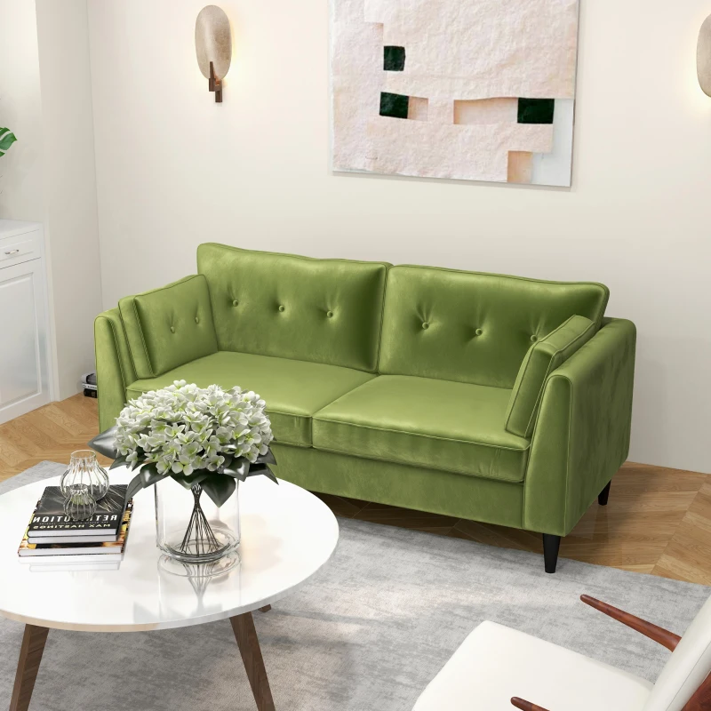HOMCOM Divano 2 Posti Classico in Velluto con Cuscini e Trapuntato a Bottoni, 172x75x82cm, Verde