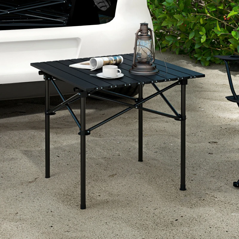 Outsunny Mesa de Camping Plegable y Portátil con Parte Superior Enrollable y Estructura Metálica Carga 30 kg 52x52x52 cm Negro