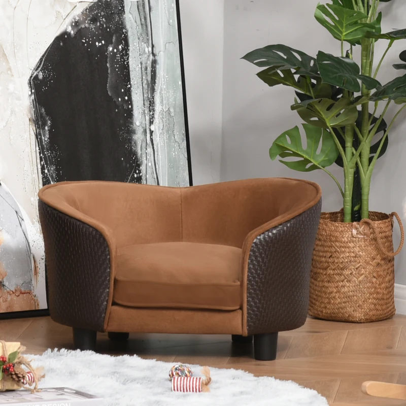 PawHut Hundesofa mit Kissen, Hundecouch, Haustiersofa, Hundematte, Hundebett, Wildlederimitat, Braun, 70 x 48 x 40 cm