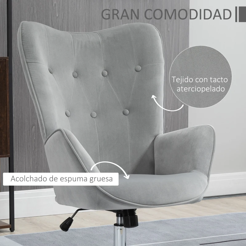 HOMCOM Sillón Individual Tapizado en Terciopelo Sillón con Altura Ajustable Giratorio 360° para 66x73x102,5-111,5cm Gris
