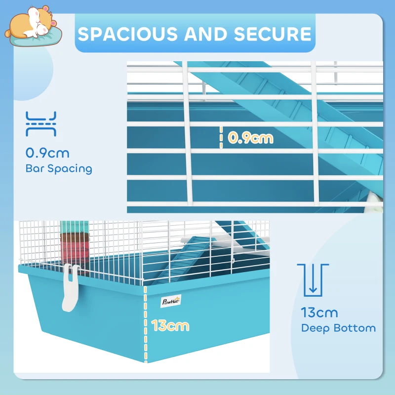 PawHut 4 Tier Hamster Cage w/ Tubes, Exercise Wheel, Hut, Water Bottle, Food Dish, Ramps, for Dwarf Hamster, Light Blue