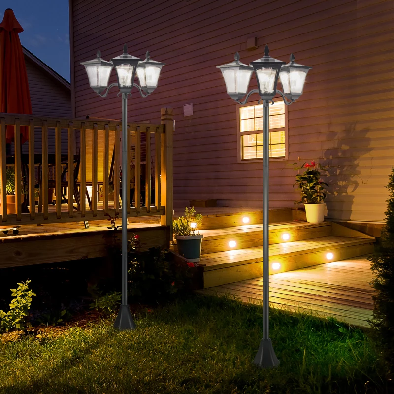 Outsunny Conjunto de 2 Farolas Solares de Exterior con 3 Luces LED Impermeable IP44 para Camino Terraza 51,5x47x182,5 cm Negro