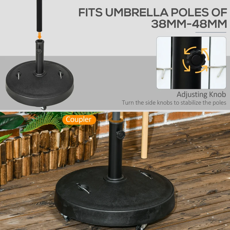 Outsunny 23.5kg Resin Garden Parasol Base with Wheels and Retractable Handles, Round Outdoor Market Umbrella Stand Weight for Poles of Φ38mm to Φ48mm, Black