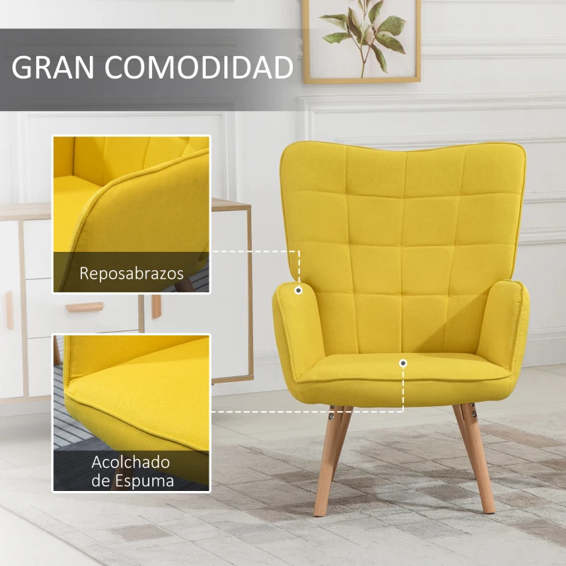 HOMCOM Sillón Individual con Respaldo Alto Reposabrazos Tela de Lino y Patas de Madera para Comedor Cocina 71x76x101cm Amarillo