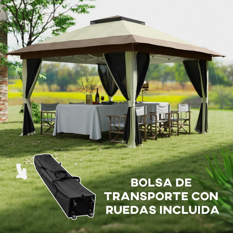 Outsunny Cenador Plegable 3,6x3,6 m con Laterales de Malla UPF50+ Altura Ajustable Bolsa con Ruedas y Bolsas de Arena Crema