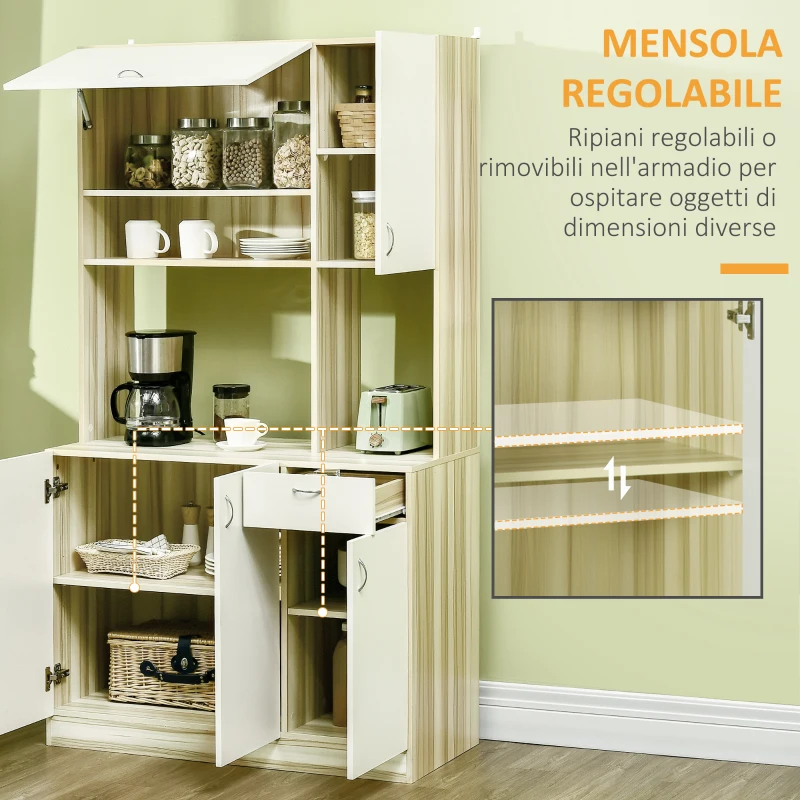 HOMCOM Mobile Buffet a 4 Porte per Cucina con 3 Armadietti, Cassetto e Piano d'Appoggio in Truciolato, 102x48x180 cm