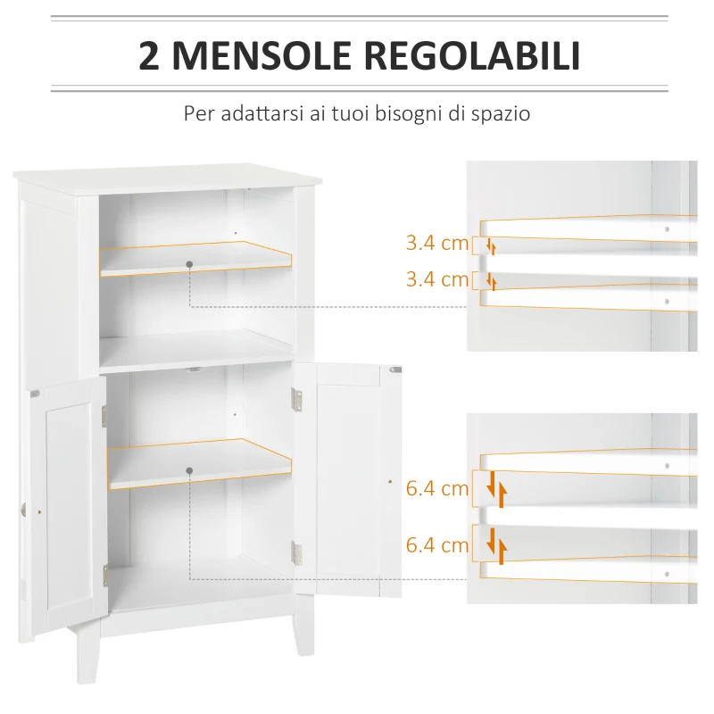 kleankin Mobile Bagno con Mensole Regolabili e Armadietto 2 Ante, Mobiletto Bagno Multiuso in Legno, Bianco, 50x30x93cm