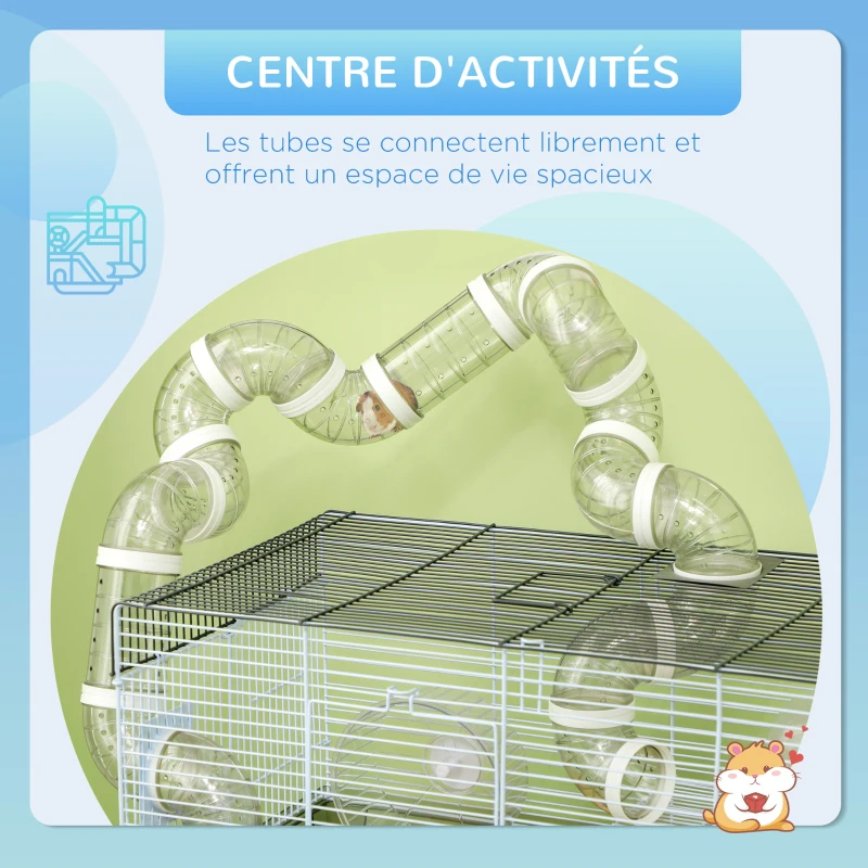 PawHut Cage hamster cage rongeur avec tunnel et accessoires inclus fil d'acier 58 x 32 x 31 cm gris