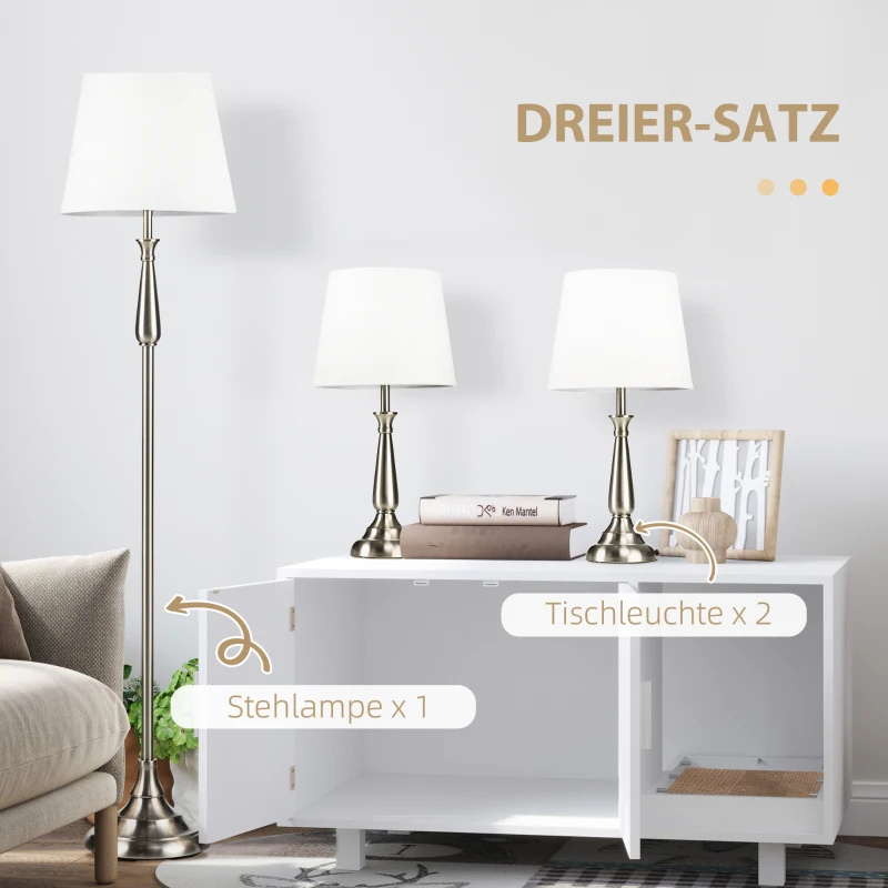 HOMCOM 3-teiliges Lampenset im Vintage-Design, 2 Tischleuchten, 1 Stehleuchte, 35,5 cm x 35,5 cm x 146 cm, Silber + Weiß